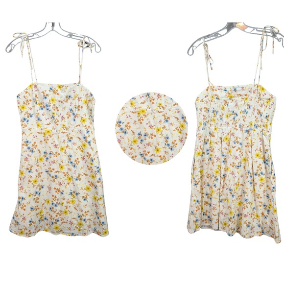 Old Navy Y2K Mini Dress Tie Shoulder Floral Cami Tunic Linen Blend Yellow Size M - Picture 2 of 14